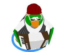 a green and white penguin with a red hat and sunglasses