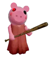 a pink pig with red eyes is holding a bat