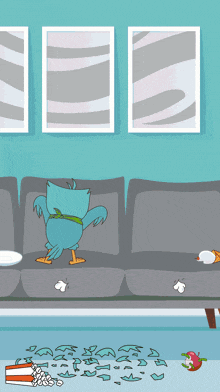 a cartoon of a bird standing on a couch with a bucket of popcorn on the floor