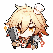 a cartoon character with a chef 's hat holding a knife and a fork