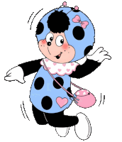 a blue ladybug with black spots and a pink bow on her head