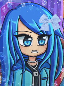a cartoon girl with blue hair and a bow