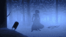 a silhouette of a woman standing in a dark forest with a child laying on the ground
