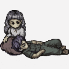 a pixel art of a girl laying next to a man laying on the ground