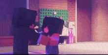 a couple of minecraft characters standing next to each other on a dance floor