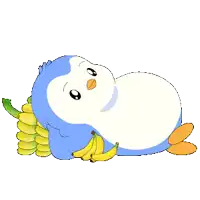 a blue and white penguin is laying on a pile of bananas and peeling a banana