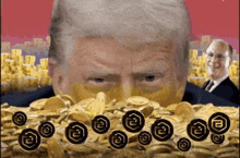 a painting of donald trump surrounded by gold coins with the letter b on them