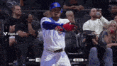 a baseball player in a chicago cubs uniform stands in the stands