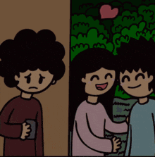 a cartoon of a boy with a broken heart and a girl with a question mark over her head