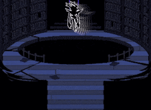 a video game scene with a purple circle and a purple arrow