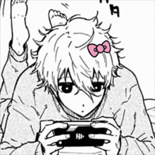 a black and white drawing of a person playing a video game with a hello kitty bow on their head .