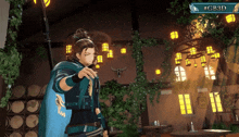 a video game character is standing in a room with barrels and a sign that says gb3d