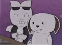 two white cartoon characters are standing next to each other on a purple background . one of the characters is wearing sunglasses .