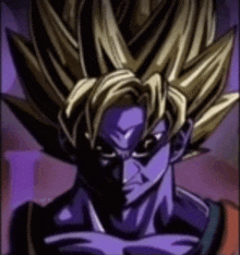 a close up of a cartoon character 's face with purple hair .