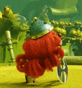 a cartoon character with red hair is wearing a helmet and holding a large axe