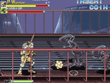 a video game screen shows a warrior and an alien