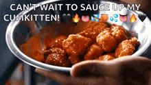 a person holding a bowl of chicken nuggets with the caption " can t wait to sauce up my cumkitten