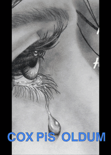 a drawing of a woman 's eye with a tear coming out of it and the words cox pis oldum below it