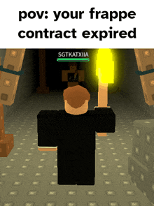 a man holding a torch in a dark room with the words " your frappe contract expired " above him