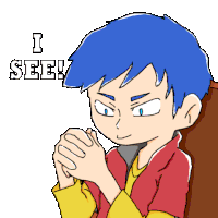 a cartoon of a boy with blue hair and the words " i see " above him
