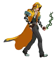 a pixel art drawing of a man in a yellow cape holding a snake