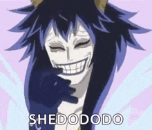 a cartoon character is smiling and pointing at the camera with the words shedododo written below him .
