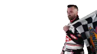 a man is holding a checkered flag that says sinco