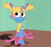 a cartoon drawing of a yellow cat and a blue and pink cat