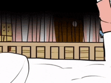 a cartoon of a person laying on a bed with a door in the background