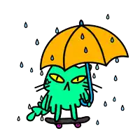 a green cat is holding an umbrella while riding a skateboard