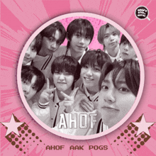 a group of young men are in a pink circle with ahof aak pogs written on the bottom