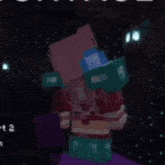 a minecraft character is standing in a dark room holding a gift box .