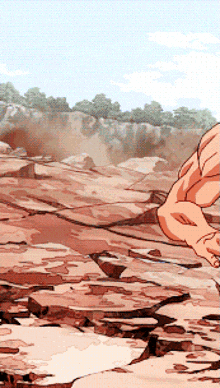 a cartoon drawing of a man standing on rocks