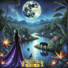 a painting of a woman standing in front of a river with the words museum bola written on the bottom