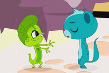 a green lizard and a blue skunk are dancing