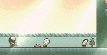 a group of cartoon characters are standing next to each other on a ledge in a video game .