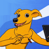 a cartoon dog with a screwdriver in its mouth is holding a laptop computer .