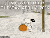 a cartoon of snoopy standing in the snow near a swing set .