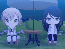 two anime girls are sitting under an umbrella and one has the letter e on her shirt
