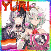 a picture of yuri and her girlfriend with a rainbow border
