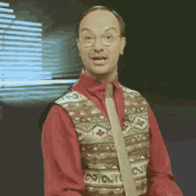 a man wearing glasses and a vest and tie is making a face .