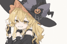 a drawing of a girl in a witch hat with a pumpkin on it