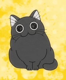 a cartoon drawing of a black cat with big eyes