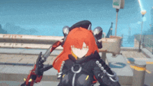 a girl with red hair is holding a sword in a video game .