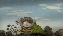 a cartoon character is standing next to a pile of grass and a tree .