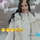 a woman is surrounded by smiley faces and a starmaker logo in the background