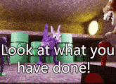 a purple rabbit is standing in front of green barrels with the words look at what you have done below it