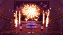 a birthday cake with sparklers and a bottle of wine