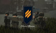 a group of soldiers are standing in a field with a slava ukraini logo