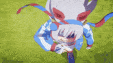 a cartoon character is running on a grassy field .